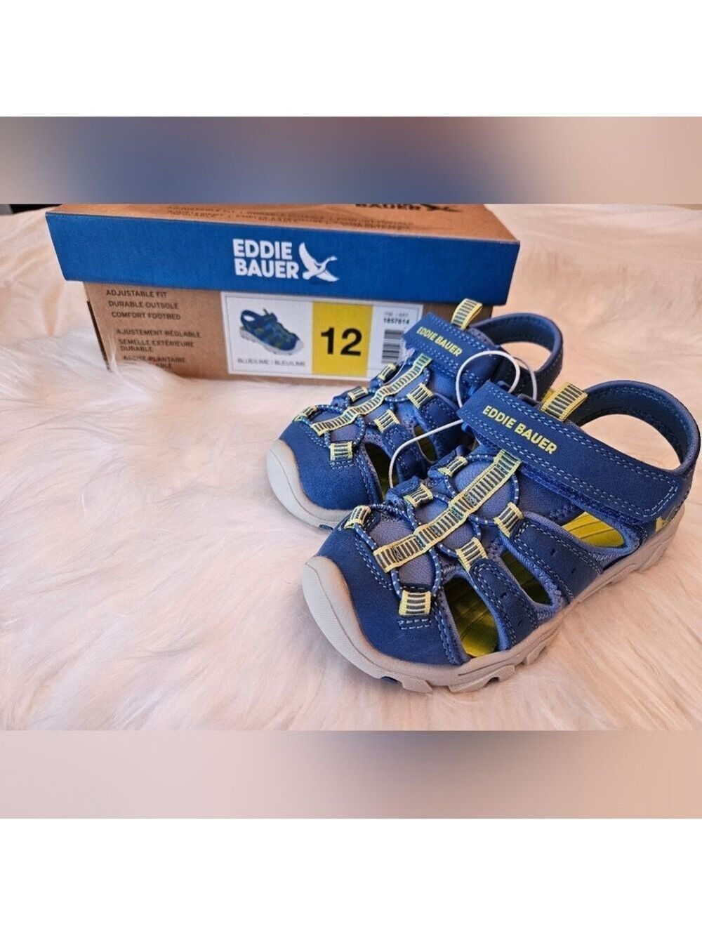 NWT Size 12 Blue and Lime Eddie Bauer Bump Toe Sandals with Velcro Strap